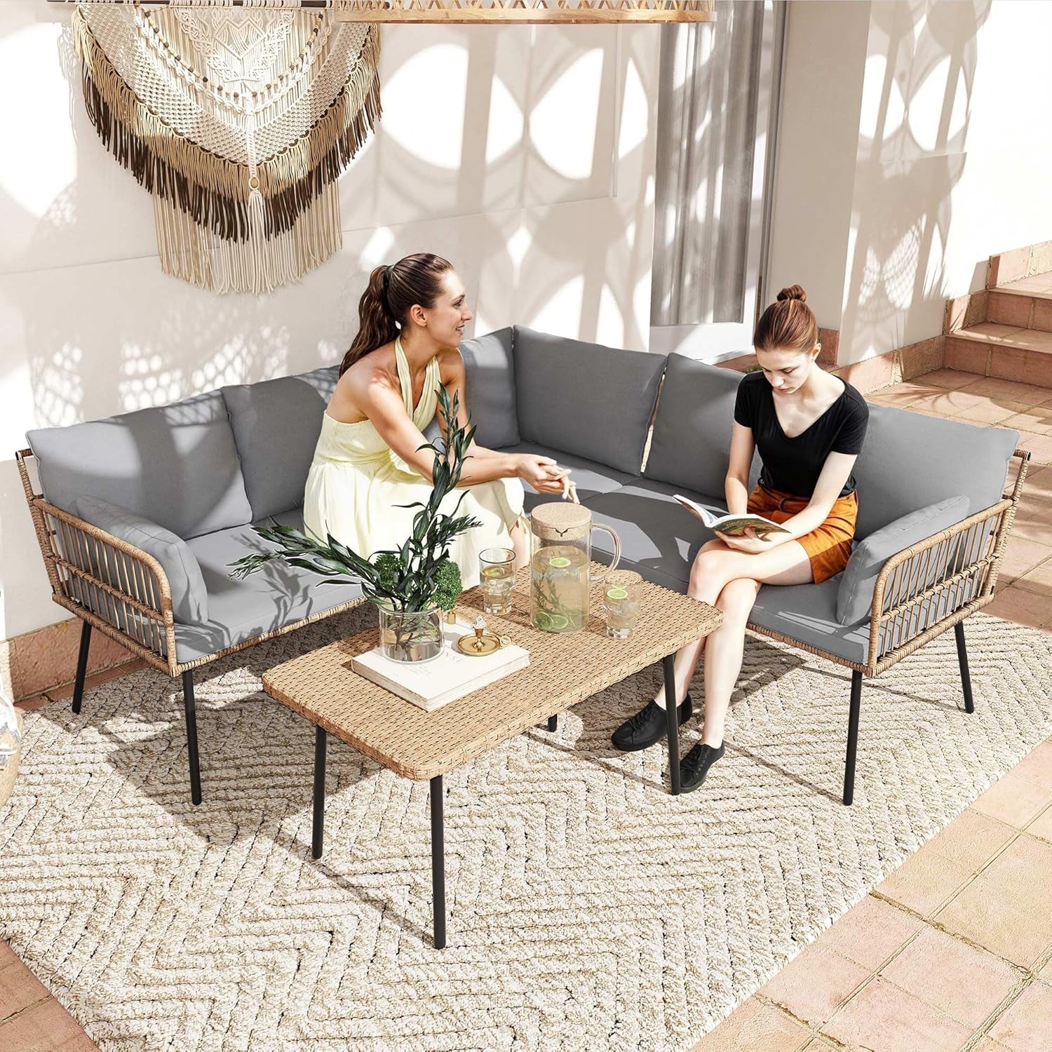 Terralay Modern 4-Piece Outdoor Patio Furniture Set, PE Rattan & Steel, Memory Foam Cushions  – Boho Grey