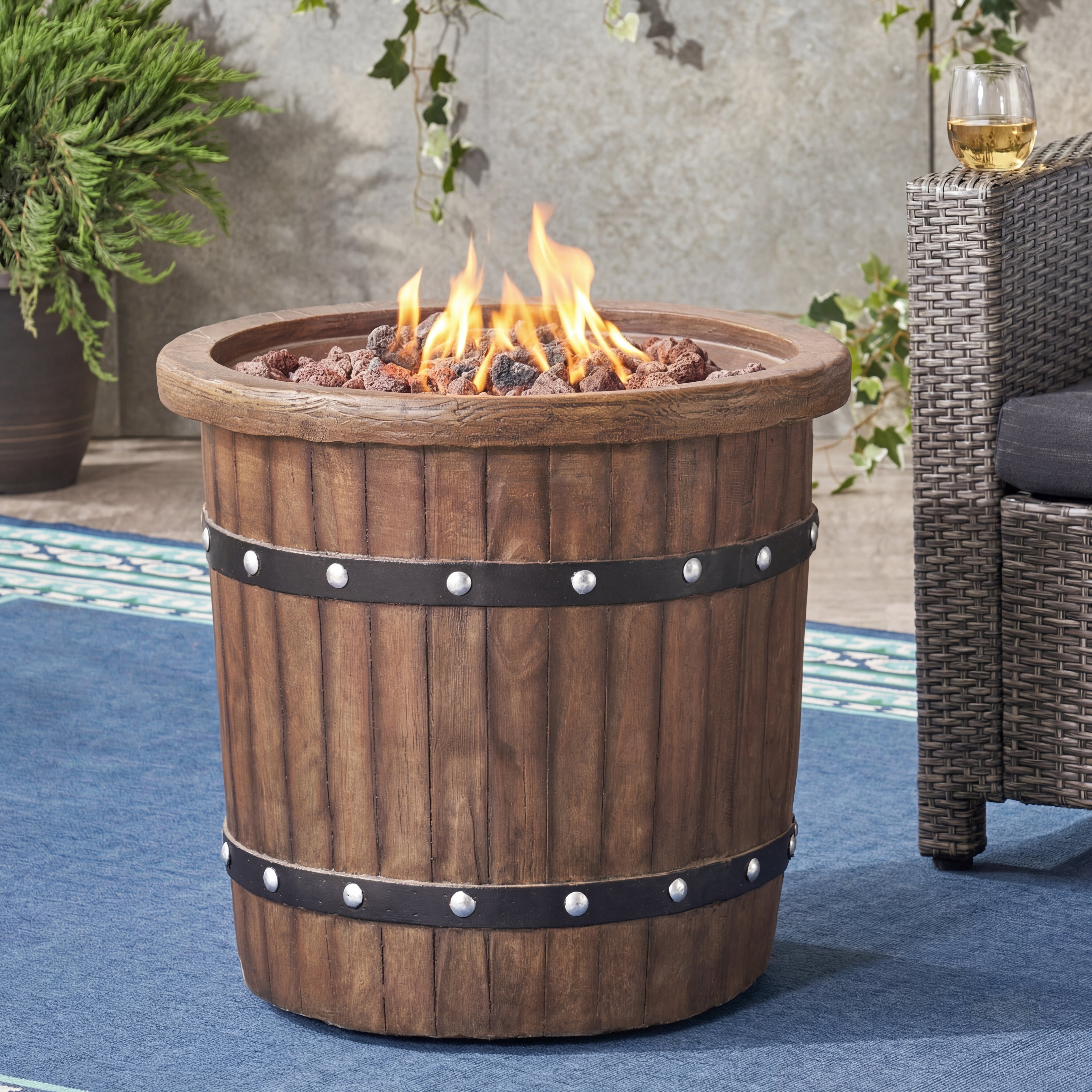Round 25" Barrel-Style Propane Outdoor Fire Pit, Magnesium Oxide Concrete, 24"H – Dark Brown