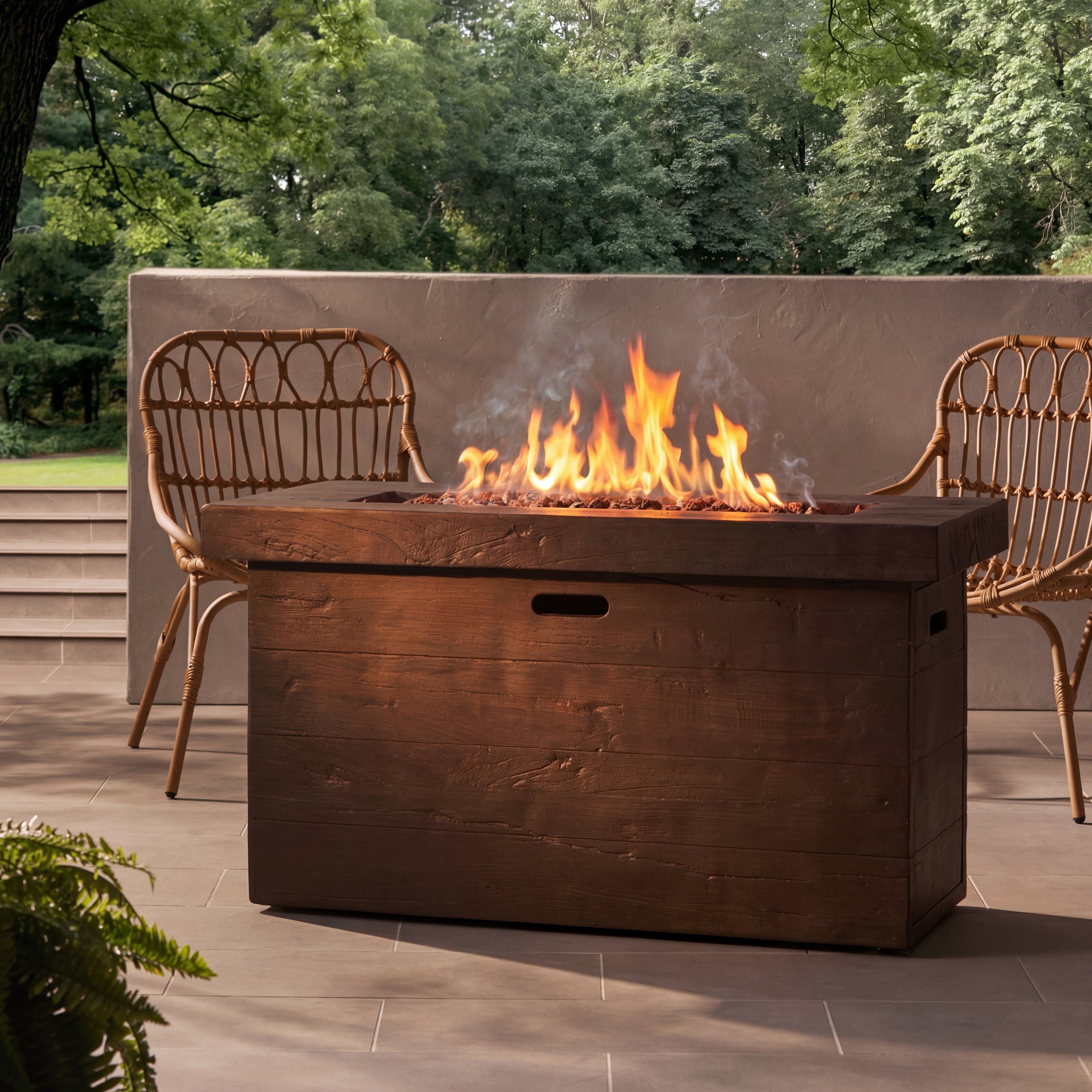 Terralay Rectangle 45" Propane Fire Pit Table, Wood-Stone Finish, 50,000 BTU – Dark Brown
