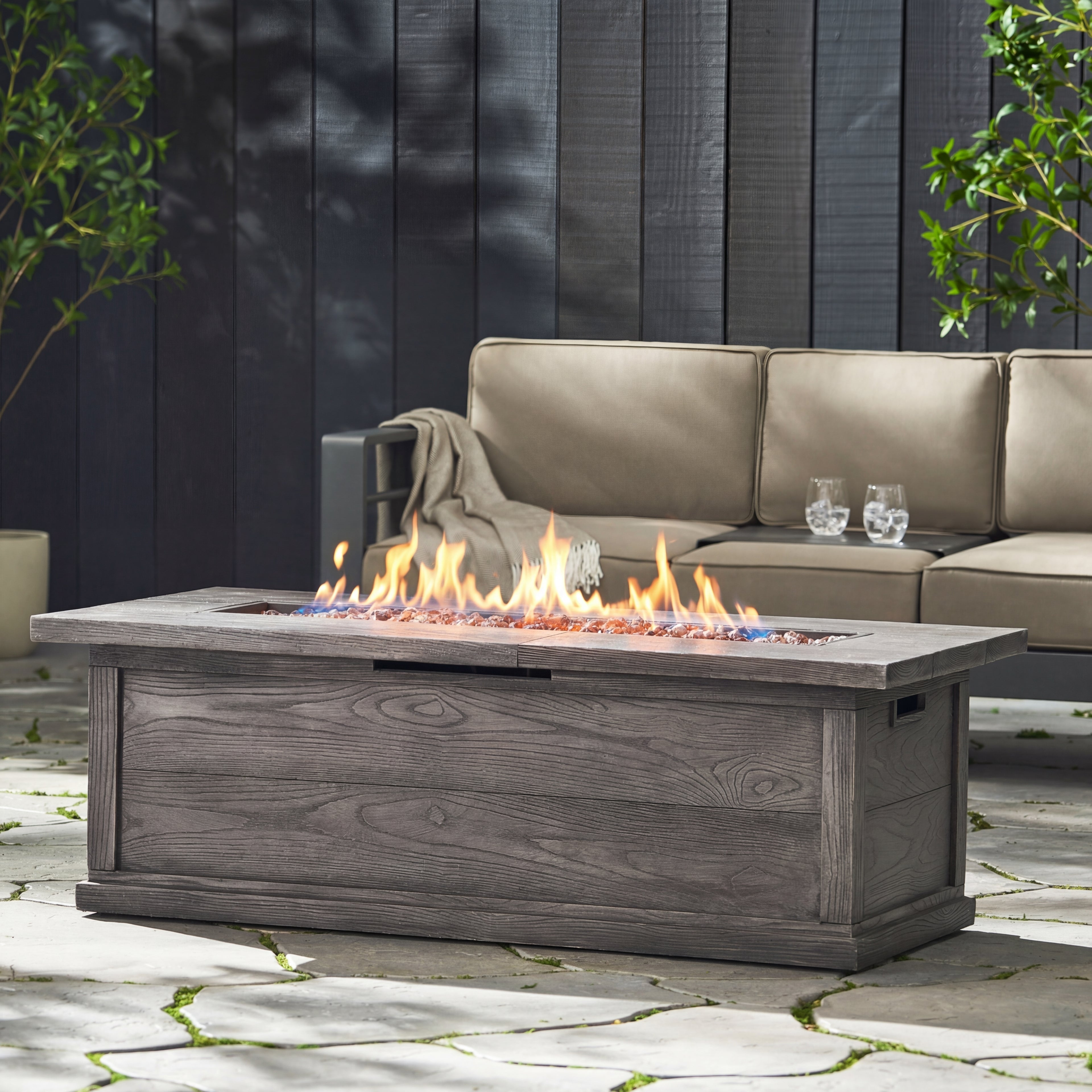 Rectangle 56" Propane Outdoor Fire Pit Table, Wood Finish, 50,000 BTU – Gray