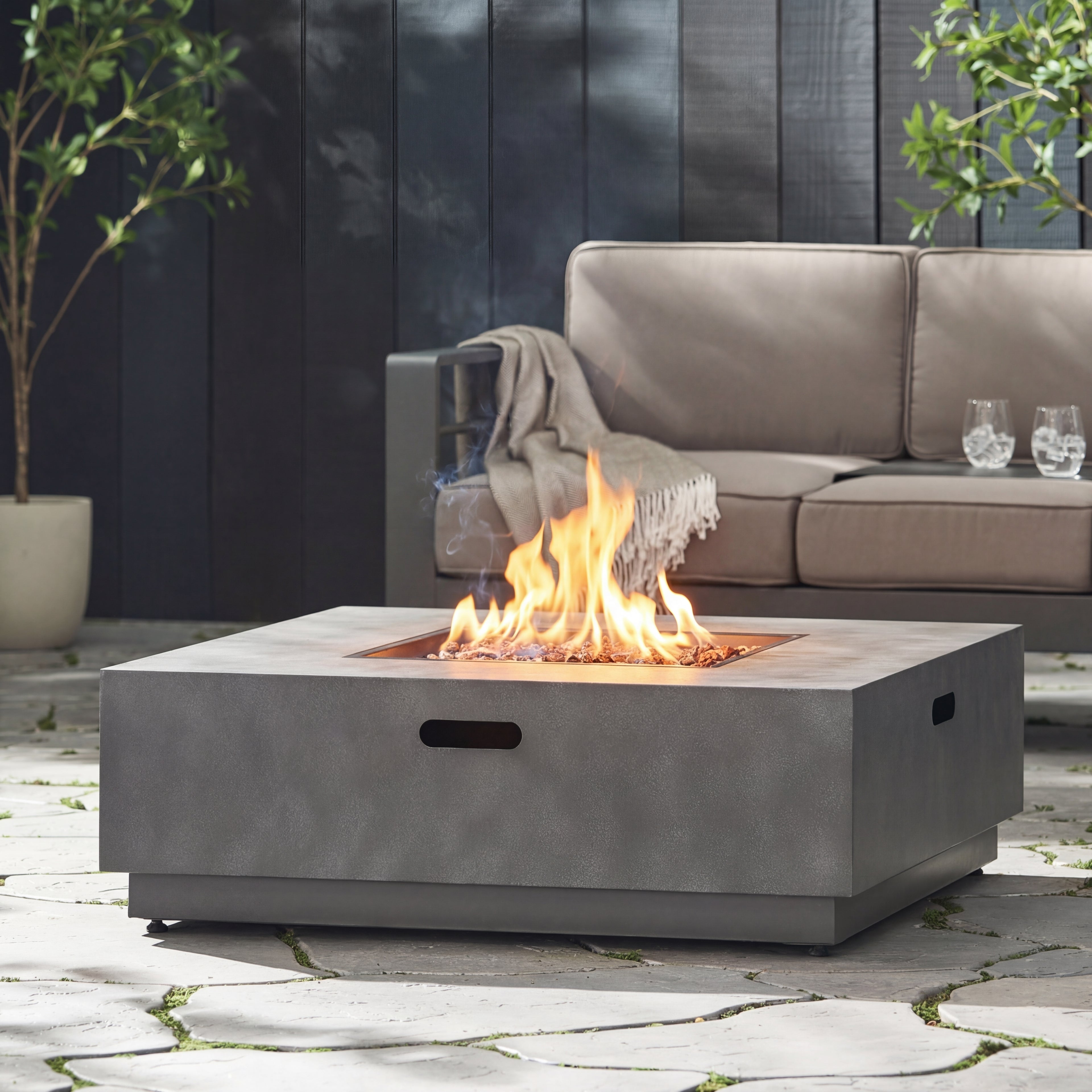 Outdoor Square Iron 40" Propane Fire Pit Table, Concrete Finish, 50,000 BTU – Stone Gray