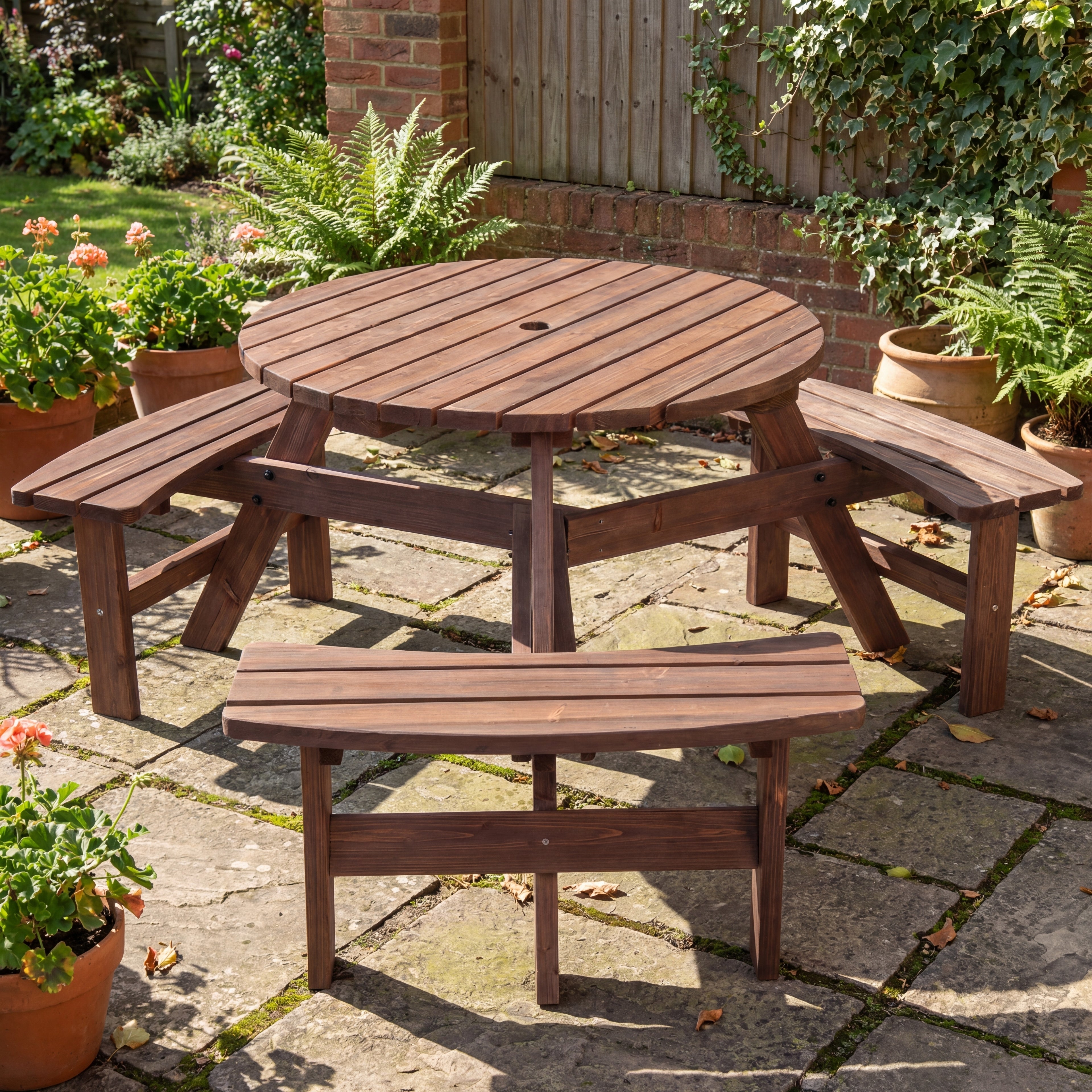 Espresso Round Wood Picnic Table with Benches & Umbrella Hole, Seats 6, 500 lbs Capacity – Outdoor Patio Dining Set