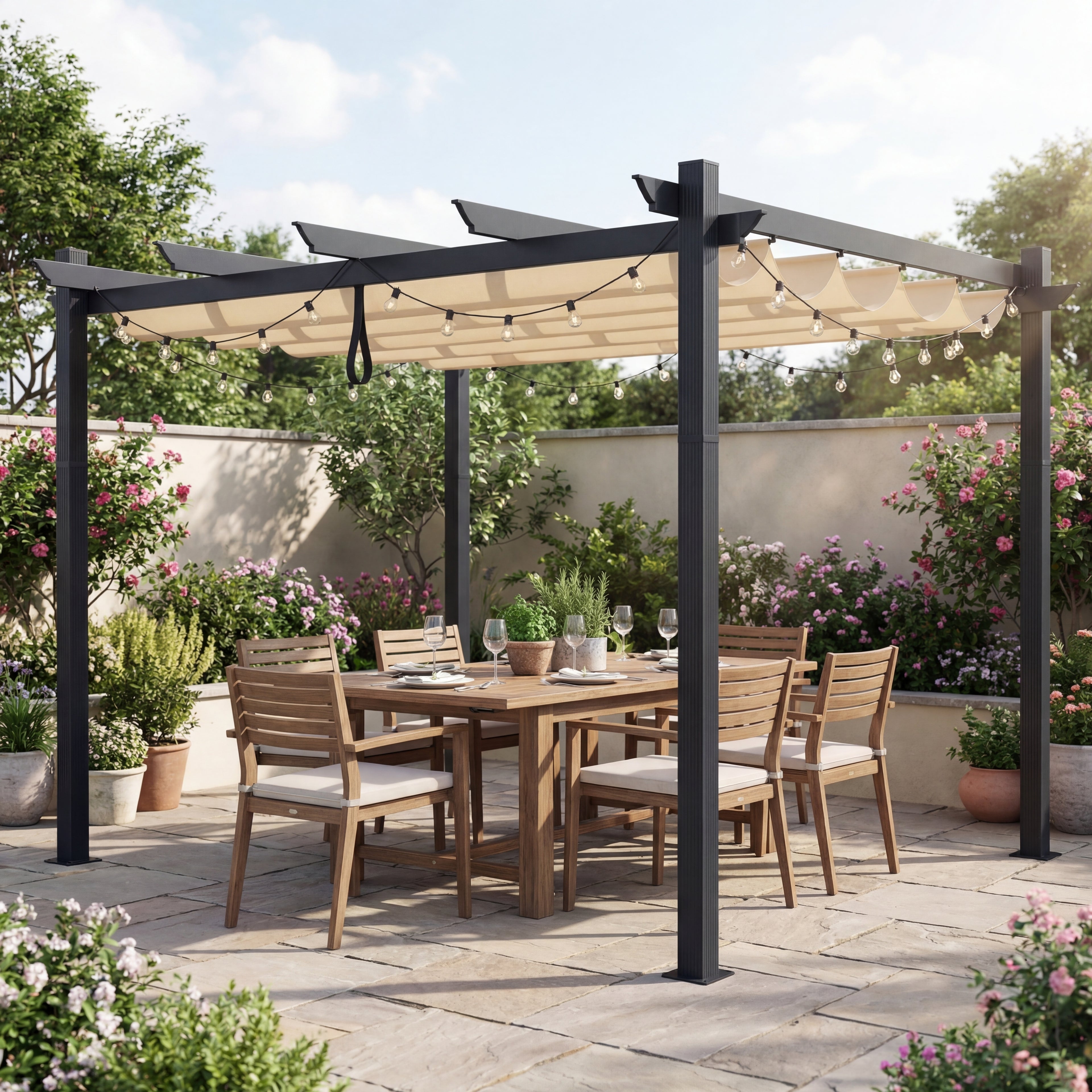 Terralay 10 x 12 Ft Outdoor Metal Pergola - Retractable Canopy, Rust-Resistant, Patio & Garden