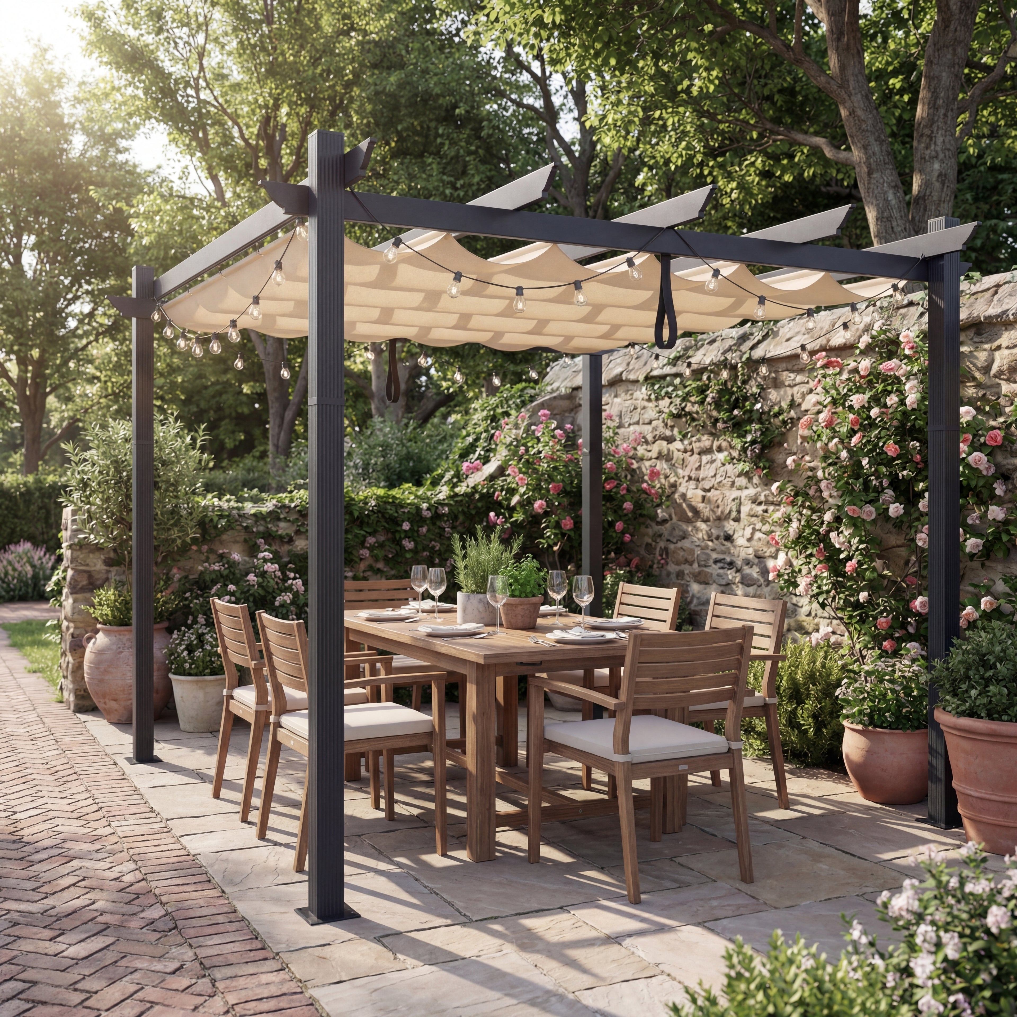 Terralay 10 x 12 Ft Outdoor Metal Pergola - Retractable Canopy, Rust-Resistant, Patio & Garden