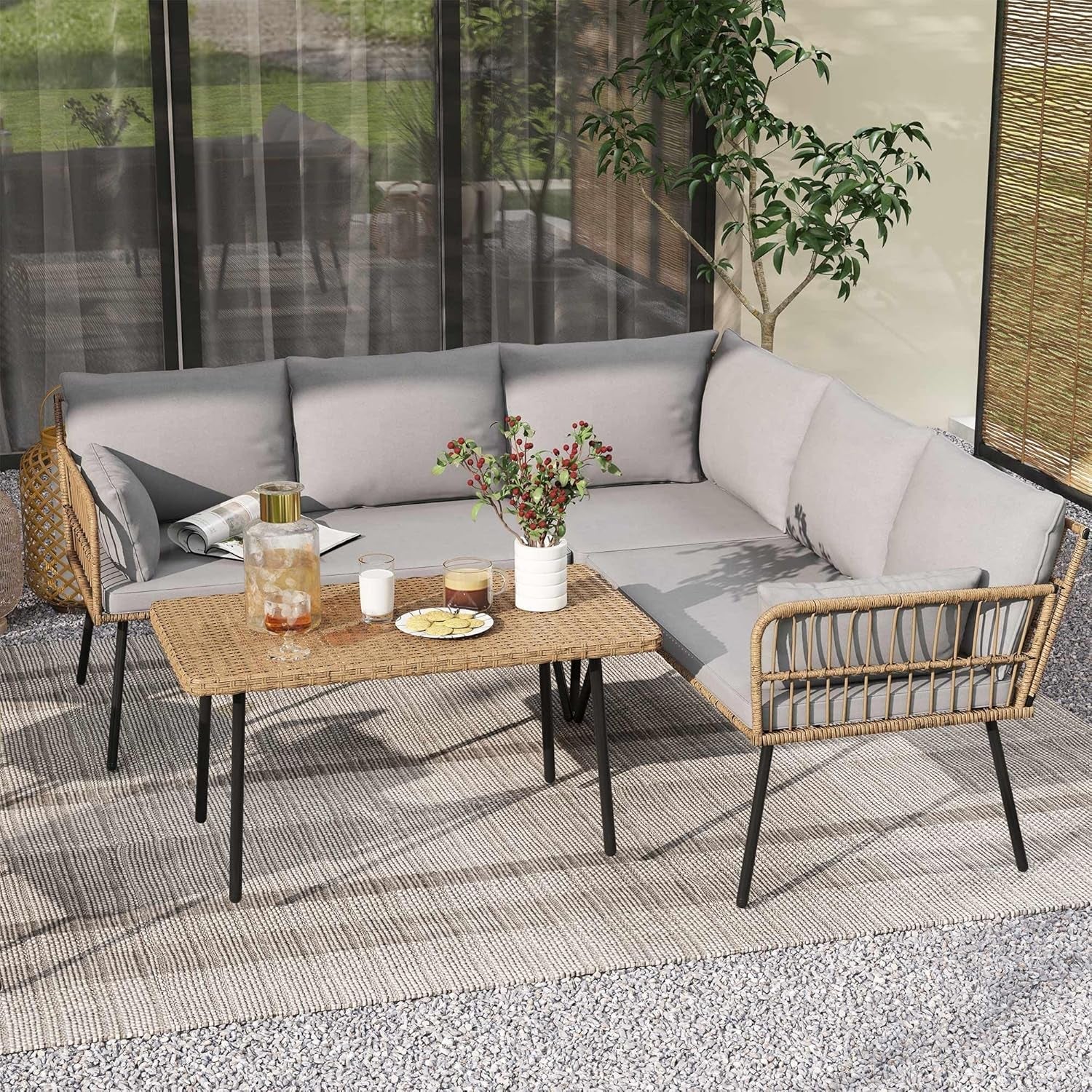 Terralay Modern 4-Piece Outdoor Patio Furniture Set, PE Rattan & Steel, Memory Foam Cushions  – Boho Grey