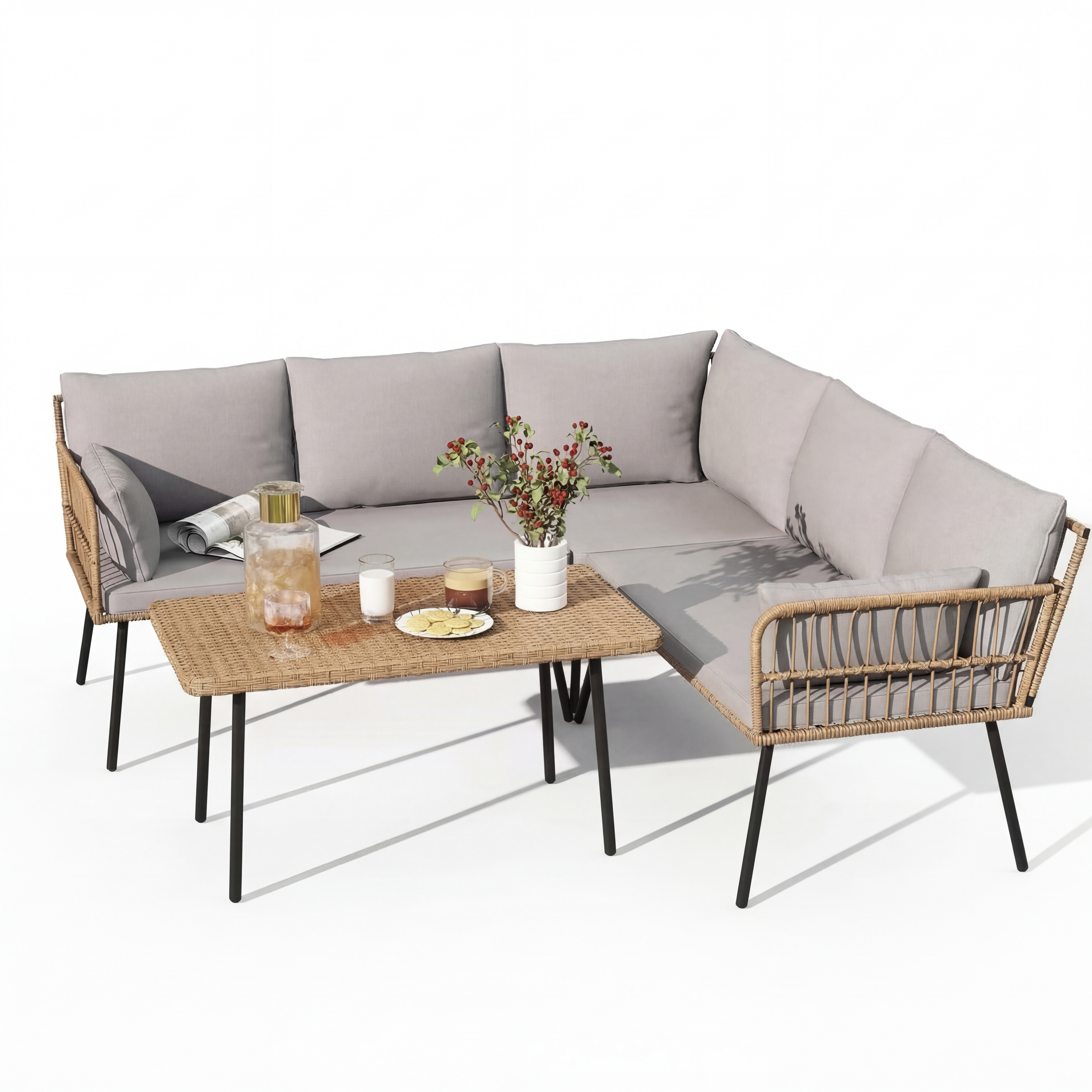 Terralay Modern 4-Piece Outdoor Patio Furniture Set, PE Rattan & Steel, Memory Foam Cushions  – Boho Grey