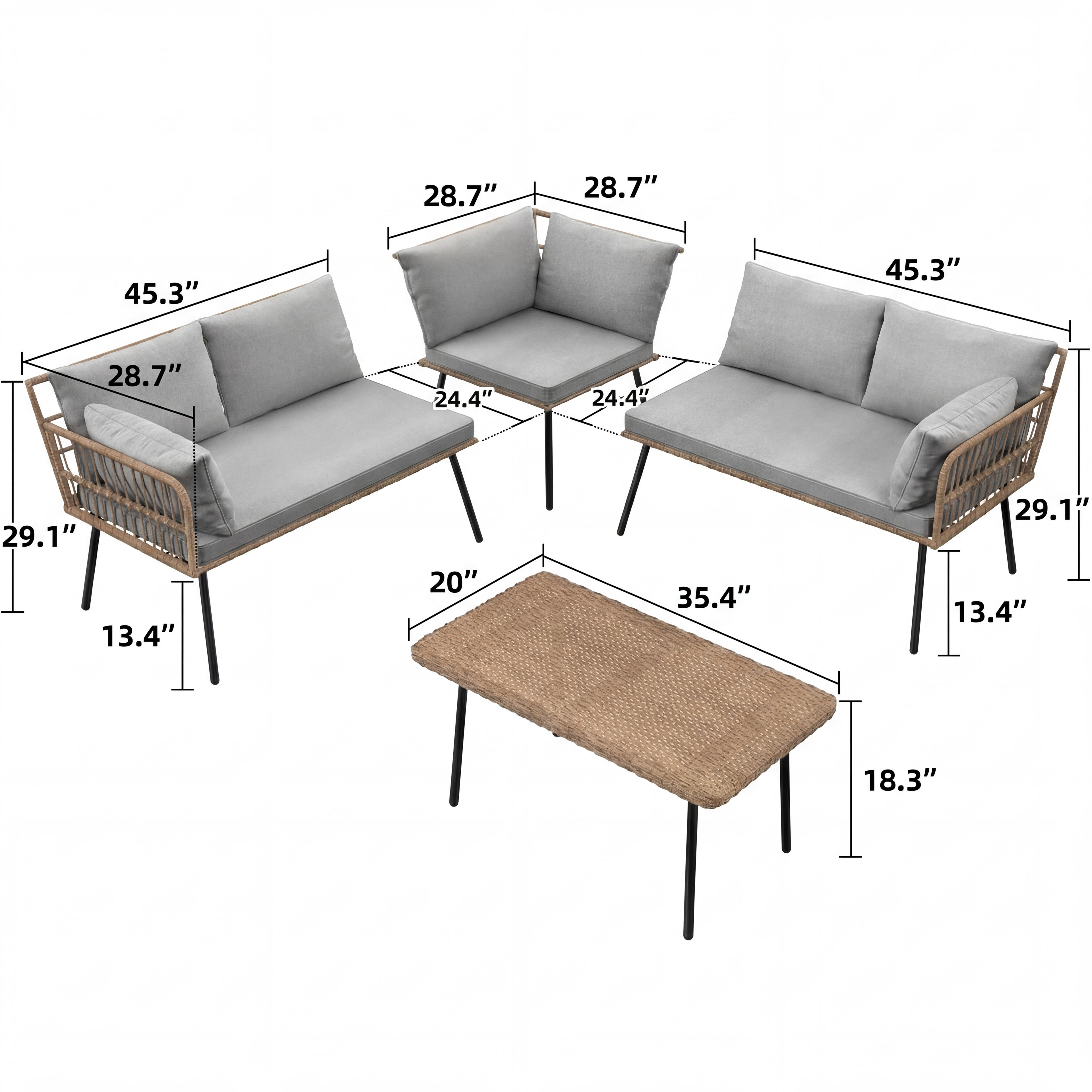 Terralay Modern 4-Piece Outdoor Patio Furniture Set, PE Rattan & Steel, Memory Foam Cushions  – Boho Grey