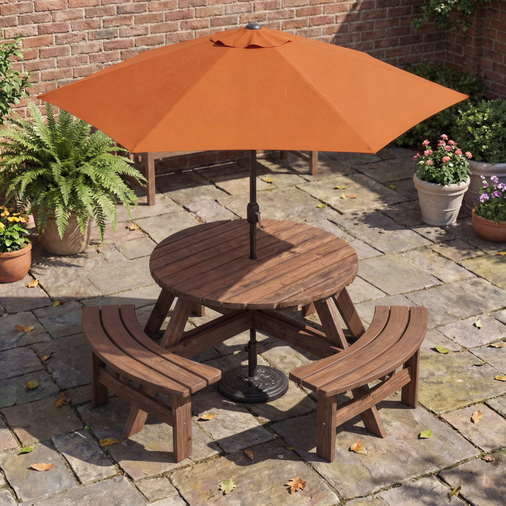 Espresso Round Wood Picnic Table with Benches & Umbrella Hole, Seats 6, 500 lbs Capacity – Outdoor Patio Dining Set