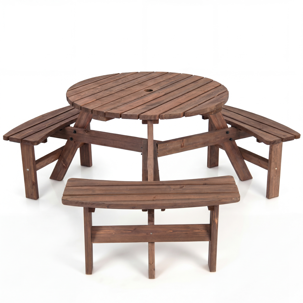 Espresso Round Wood Picnic Table with Benches & Umbrella Hole, Seats 6, 500 lbs Capacity – Outdoor Patio Dining Set