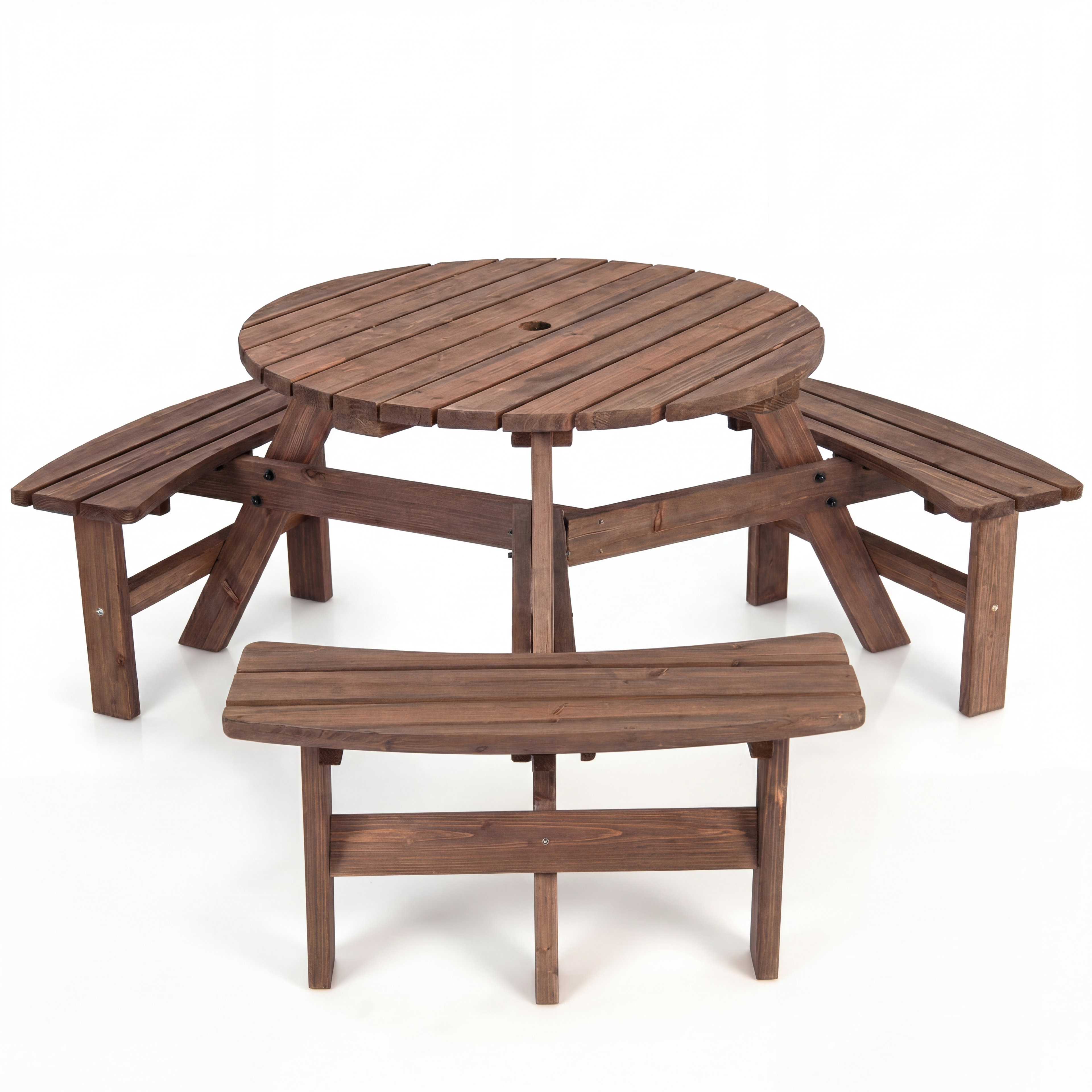 Espresso Round Wood Picnic Table with Benches & Umbrella Hole, Seats 6, 500 lbs Capacity – Outdoor Patio Dining Set